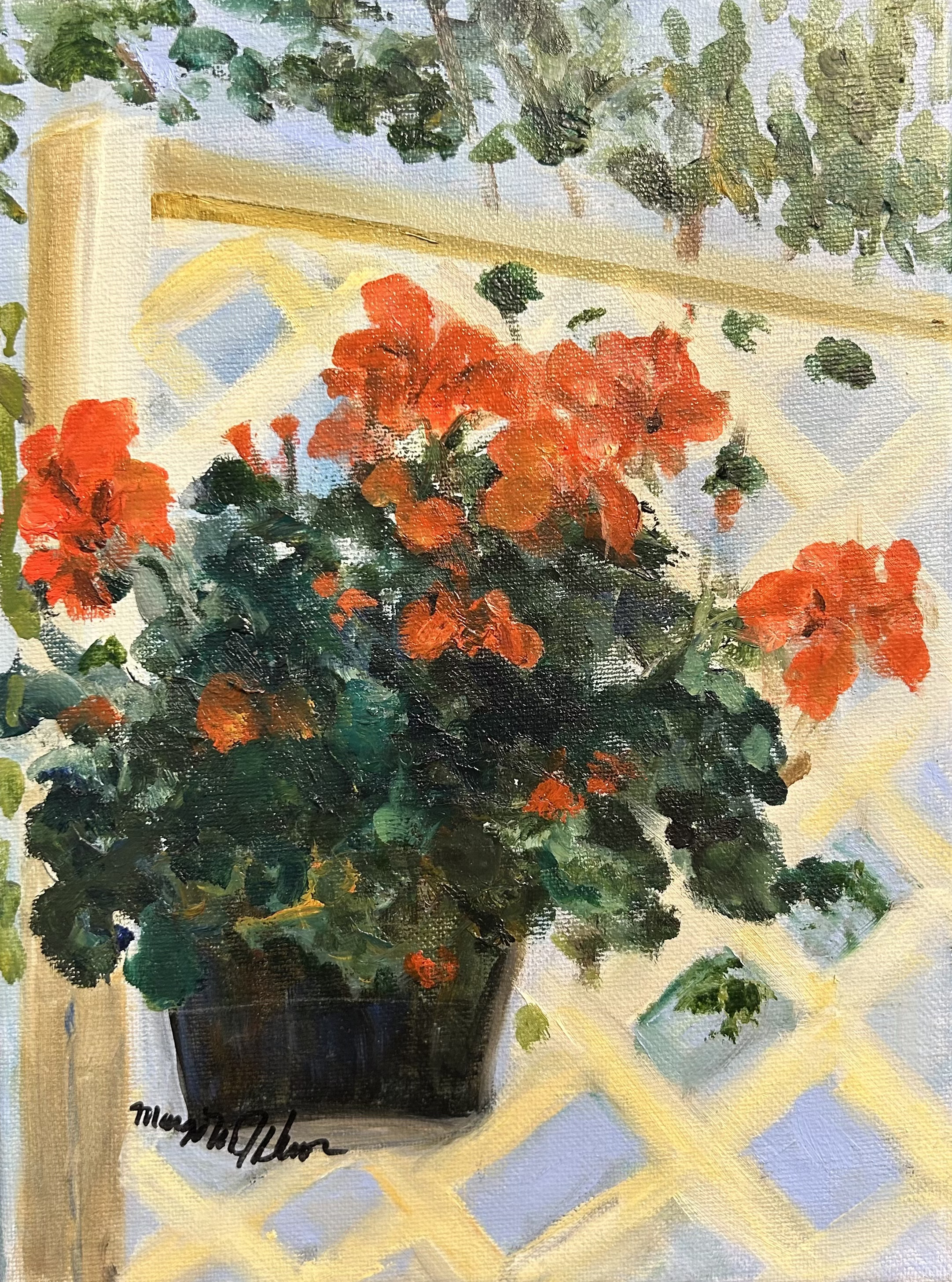 Geraniums on my Deck by Margo M. Johnson